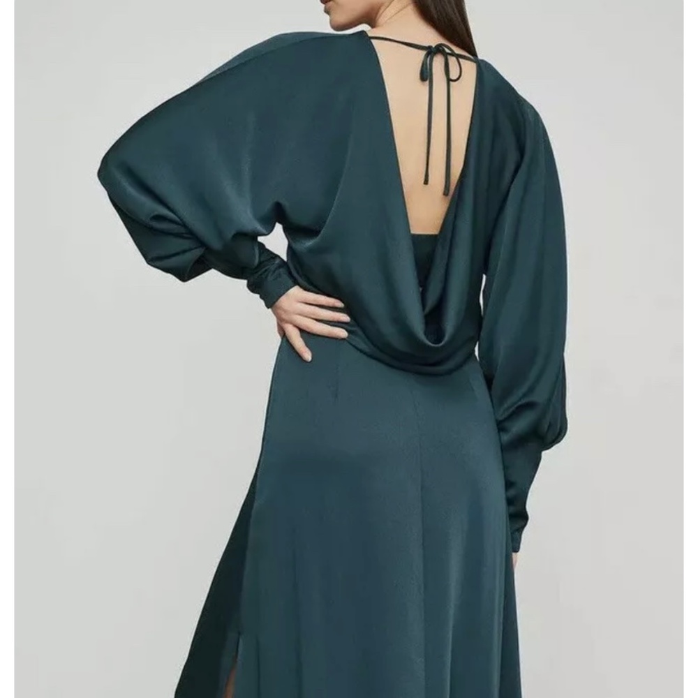 BCBGMAXAZRIA Satin Draped Back Maxi Dress In Light Carbon Blue Size 8 $428 NWT